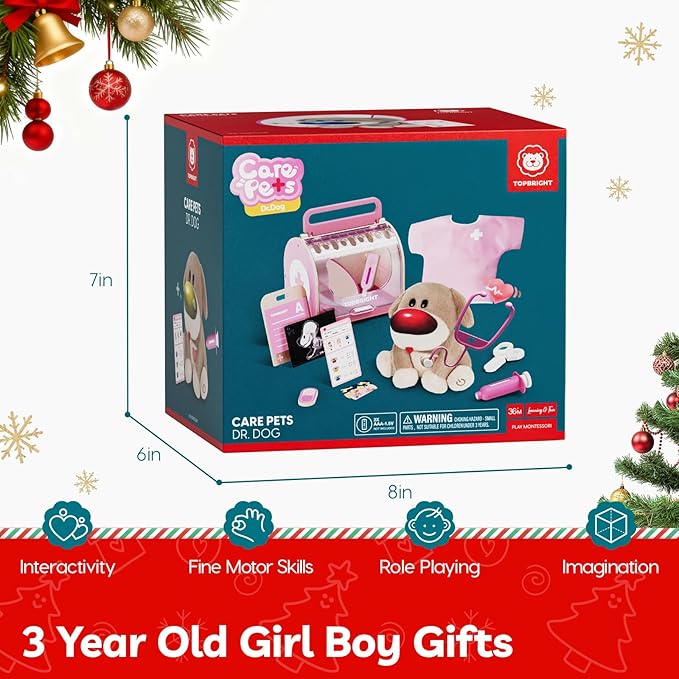 TOP BRIGHT Doctor Kit for Toddlers 3-5, Pretend Play Doctor Set with Pink Veterinarian Costume, DR Kit Dress Up Toys for Kids, Role Play Dog Vet Playset, Christmas Birthday Gifts for Girls Boys 3 4 5
