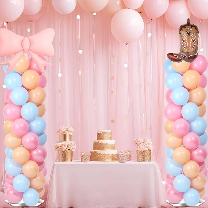 2 Sets Boots or Bows Gender Reveal Decoration Balloon Column Stand Kit with 102 Blue Pink Balloons 5.57ft Balloon Tower Stand with Base Arch for Western Cowgirl Cowboy Baby Shower Party Decor Supplies