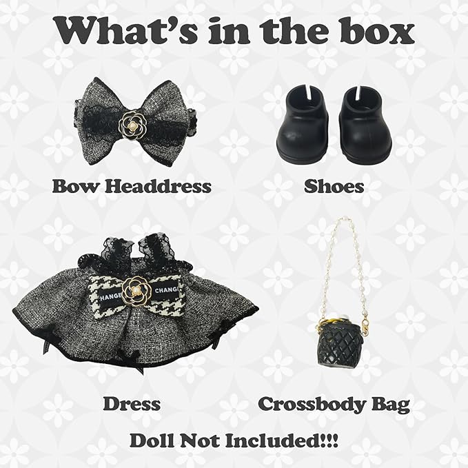 Clothes Compatible with LABUBU Doll – 4PCS Houndstooth lace Dress Set, 17cm Doll Clothes Designer Outfit for Urban Chic Theme, Classic Stylish Accessories for Labubu, No Doll (Houndstooth Rebel)