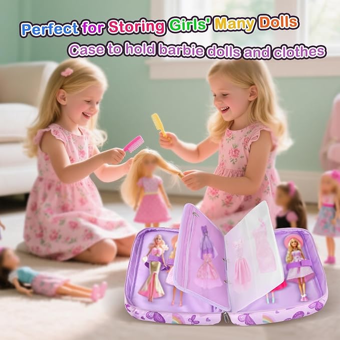 Doll Carrying Case Accessory Organizer Storage, Case to Hold Dolls and Clothes, Much Pocket for Doll’s Clothes, Accessories, Fits 6 Dolls & Accessories, Secure Straps Protect Dolls - Purple