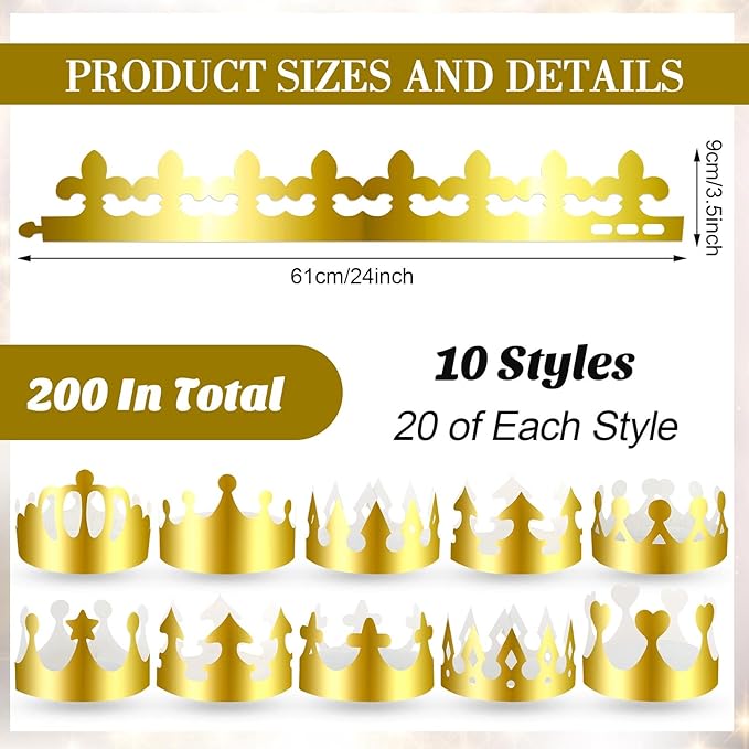 Crtiin 200 Pcs Gold Paper Crowns Bulk King Crown Princess Hats for Birthday Celebration Party Supplies