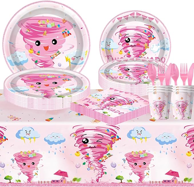 81Pcs Pink Tornado Theme Party Tableware Set Pink Two Nado Birthday Party Decoration Tornado Party Supplies