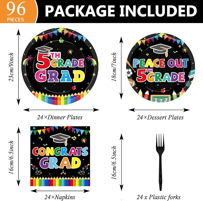 96 Pieces 5th Grade Graduation Party Supplies for 24 Guests Fifth Grade Tableware Plates Napkins Graduation Dinnerware Table Decorations for Classroom 5th Graduation Congrats Grad Party Favors