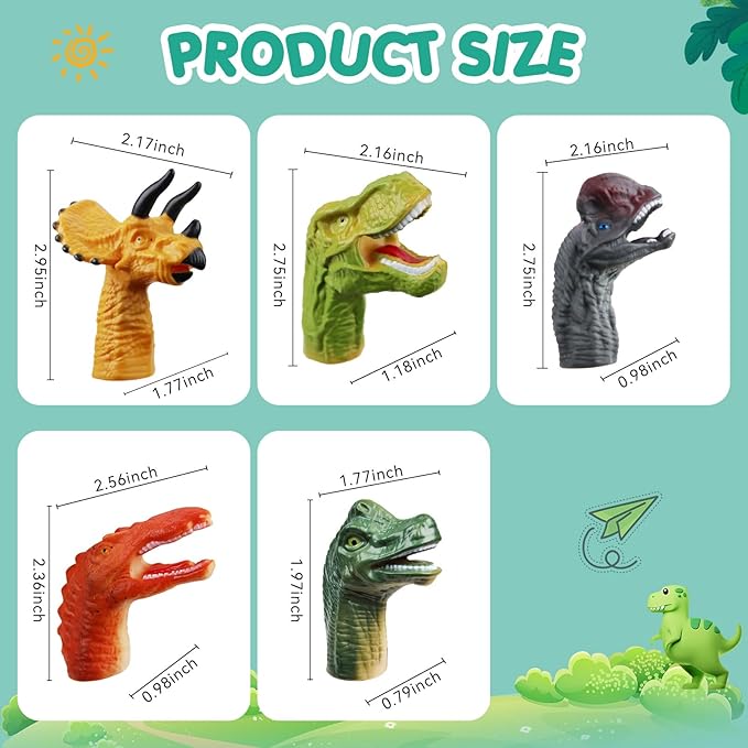 5 Pcs Dinosaur Finger Puppets Party Faovrs for Toddler and Kids 3-5 4-8, Mini Baby Finger Puppet Toys, Small Animals Bulk Toys for Kids Prizes, and Show Theater Props