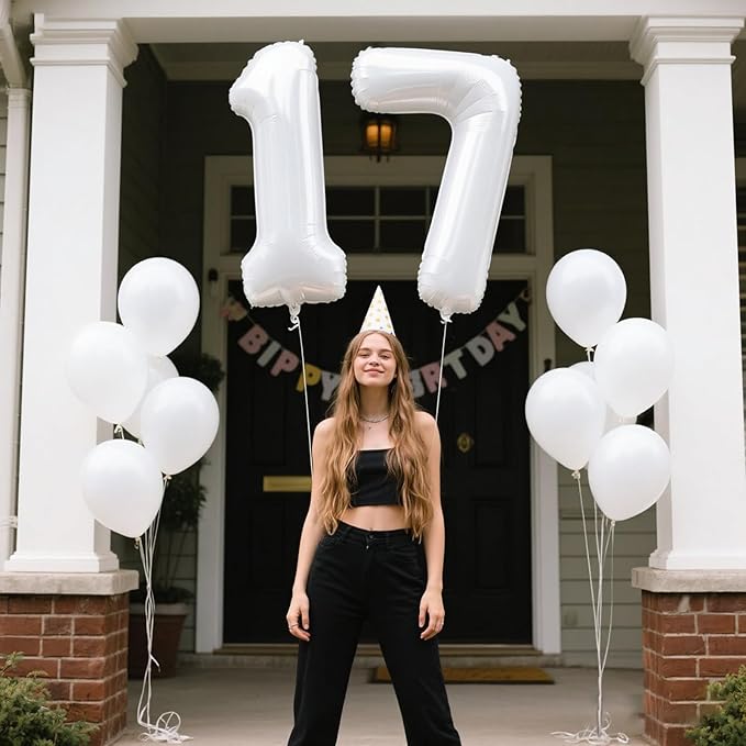 40 Inch White Number 17 Digital Balloon,Jumbo Mylar Foil Helium Balloon for 17 Balloons for Birthday Party,Wedding Anniversary Party Decorations