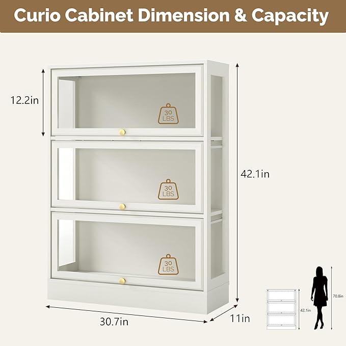 Display Cabinet with Acrylic Glass Doors,3-Tiers Curio Cabinet with LED Lighting for Collectibles, Collectibles Toy Organizers Rack & Display Shelf Display Case Storage Cabinet, White