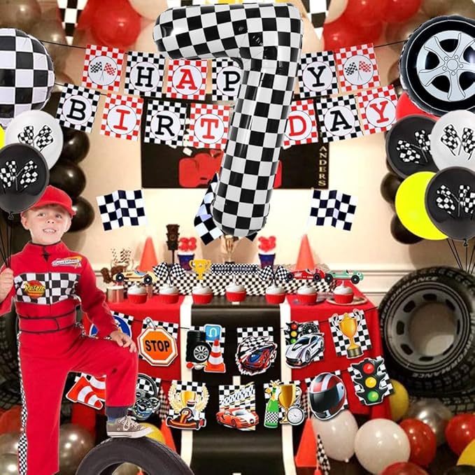TONIFUL 40 Inch Checkered Number 7 Balloon 7th Race Car Birthday Party Supplies Black and White Large Number Balloon for Girls Boys 7th Birthday Fast Race Car Flag Party Decorations