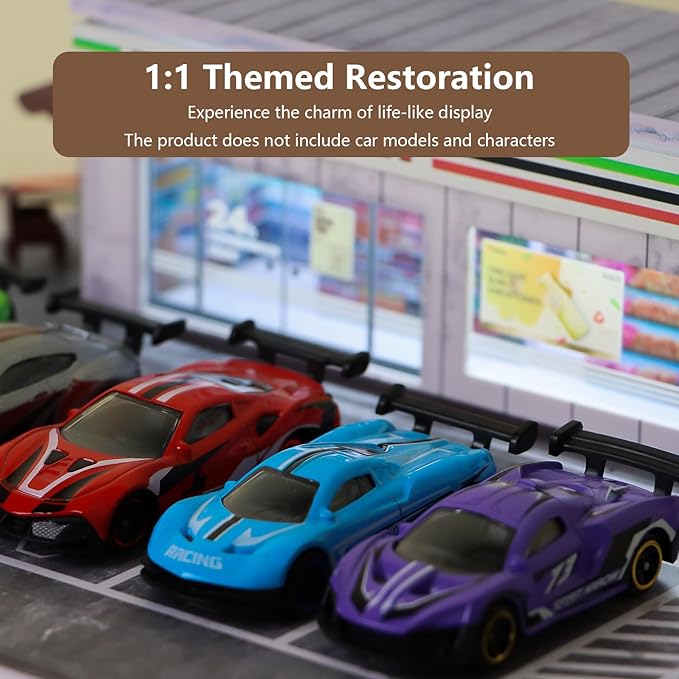 1/64 Model Car Display Shop Case for Adults, Premium in-House-Design Scale Diecast Parking Garage for Toy Cars, Toys Car Garage, Scenic Diorama Display Car Park with ith LED Lamps, Gifts for Men