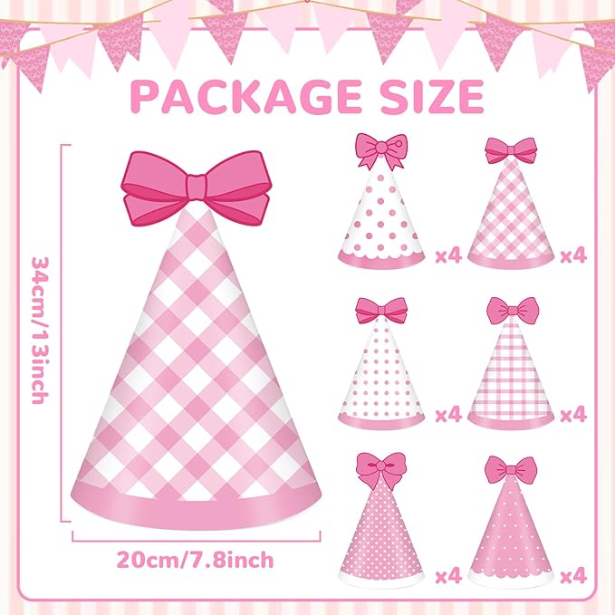 24pcs Pink Cat Party Hats Bow Birthday Party Supplies Cartoon Cute Cone Hats Pink Cat Stripe Dot Paper Hat with Elastic String for Girls Baby Shower Bridal Shower Decorations
