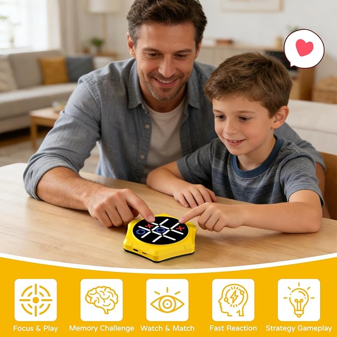 Tic Tac Toe Bolt Game,5 in 1 Handheld Puzzle Games Console,Electronic Tic Tac Toe Game for Educational&Memory,Portable Travel Games for Car Ride with Silent Mode,Toys Gift Idea for Kids&Family-Yellow