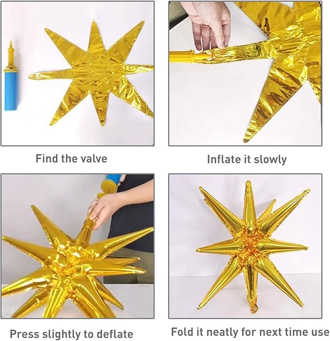 6 Pcs Gold Star Foil Balloons One-Piece 14-Pointed Star Balloon 4D Starburst Cone Mylar Balloon 22inch Christmas Birthday Wedding Wedding Anniversary Party Supplies(Gold)