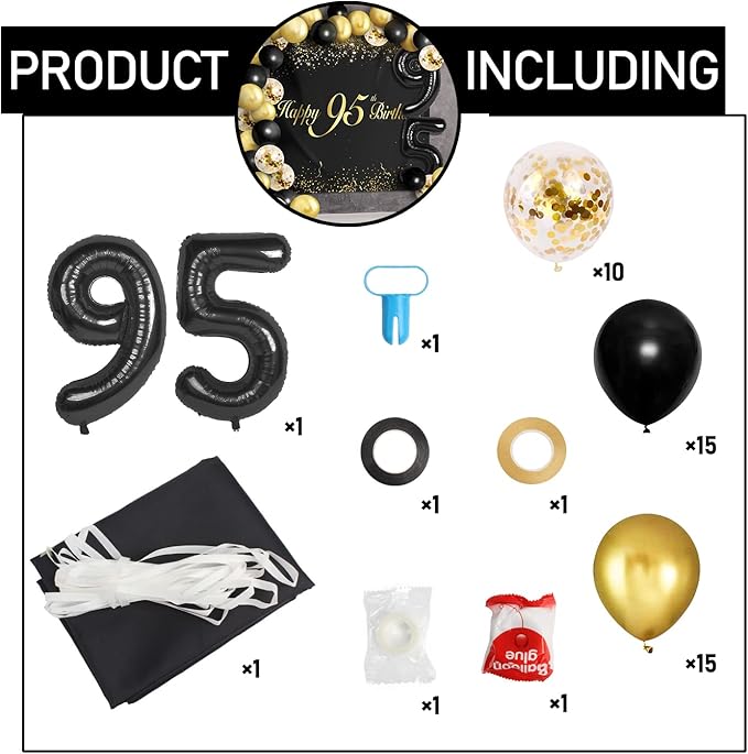 Happy 95th Birthday Balloons Black Set Decor - Cheers to 95 Years Old Party Theme Garland Banner Backdrop Decorations For Women and Men Supplies