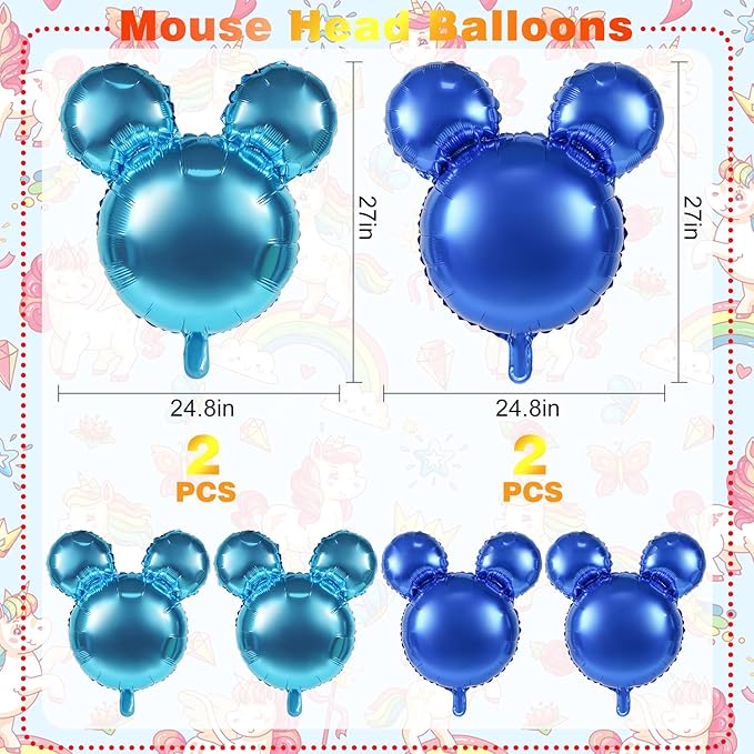 4 Pcs Mouse Head Foil Balloons, 24'' Mouse Mylar Balloon for Birthday Party Decorations Jumbo Mouse Head Aluminum Foil Balloons Party Favors Supplies (Blue)