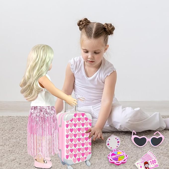 20Pcs 18 Inch Girl Doll Accessories Case Luggage Travel Play Set with Clothes, Bag, Travel Pillow, Glasses, Computer, Pretend Makeup Toy, Stuff for 18 Inch Doll - Christmas Birthday Gift