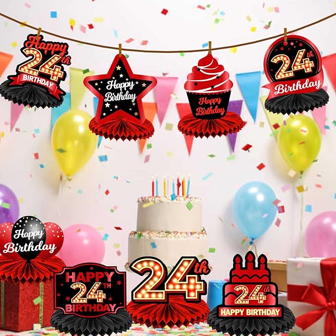 Happy 24th Birthday Red and Black Table Honeycomb Centerpieces Balloons Theme Decor Table Decorations Table Toppers for Girls Women Princess 24 Years Old Birthday Party Bday Supplies Background Gold