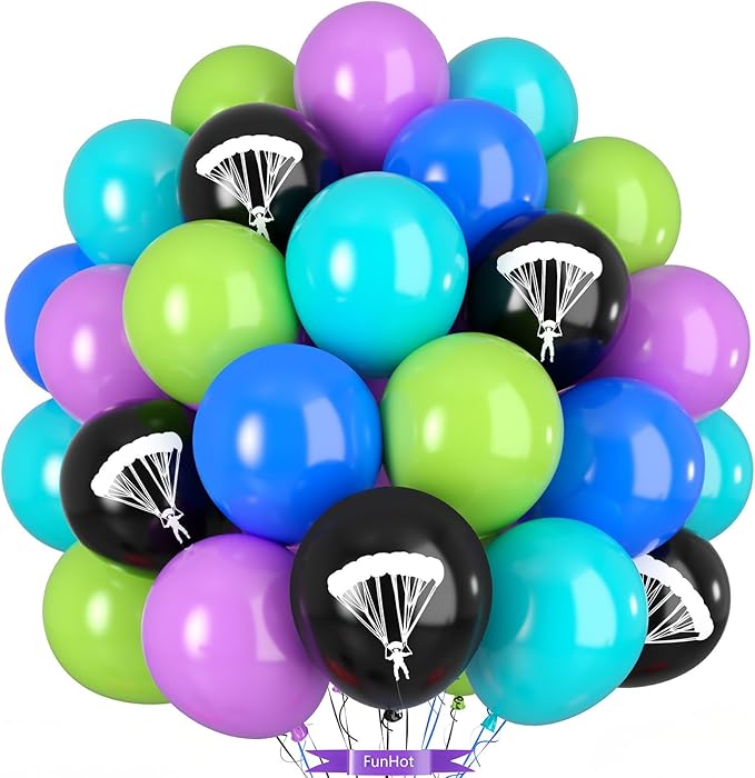 Green Purple Teal Balloons, 50PC 12 Inch Purple Blue Teal Fruit Green Black Parachute Print Balloons for Boys Game Theme Birthday Baby Shower Graduation Party Decorations