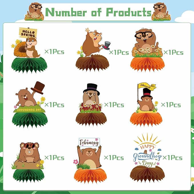 Gameza Groundhog Day Decorations, 9PCS Cute Groundhog Day Party Table Decoration, Happy February Honeycomb Centerpieces Party Decor Supplies for Weather Forecast Spring