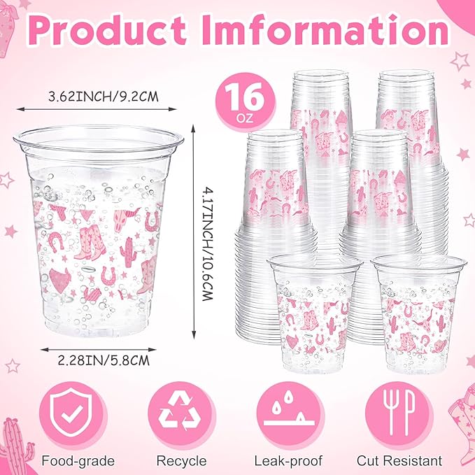 100 Pcs Western Plastic Cups 12 oz Clear Disposable Plastic Cowboy Cowgirl Drinking Cups Bulk for Boho Preppy Baby Shower Birthday Wild West Party Decoration Supplies(Western Cowgirl,Pink)