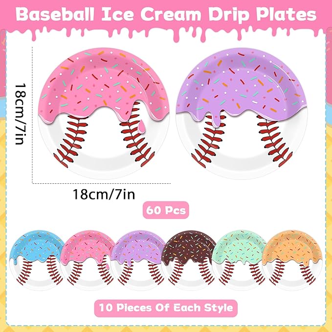 60Pcs Ice Cream Drip Baseball Party Decorations 7 Inch Baseball Ice Cream Paper Plates Sports Themed Dessert Plates Disposable Tableware for Team Celebration Birthday Game Day Party Supplies