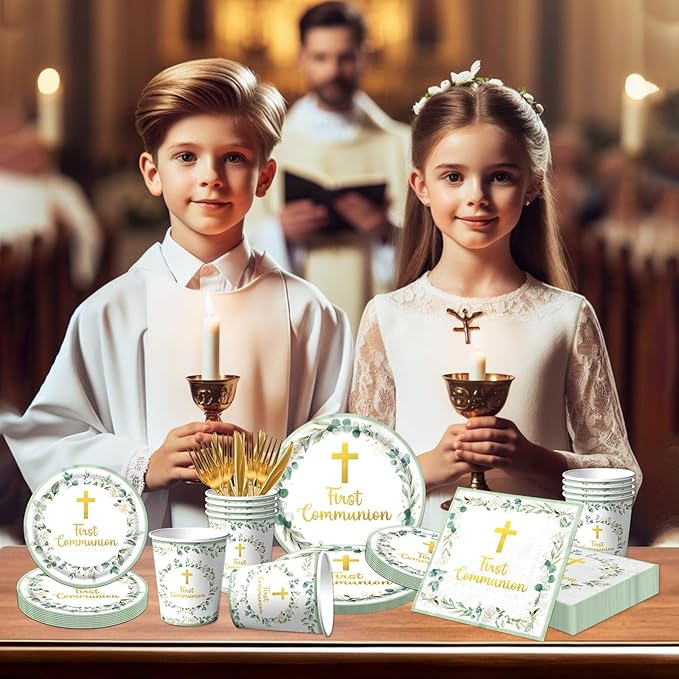 First Communion Decorations, First Communion Plates and Napkins Green Primera Comunion Decoracion First Communion Party Supplies for First Holy Communion Baptism Party Decorations Serves 25