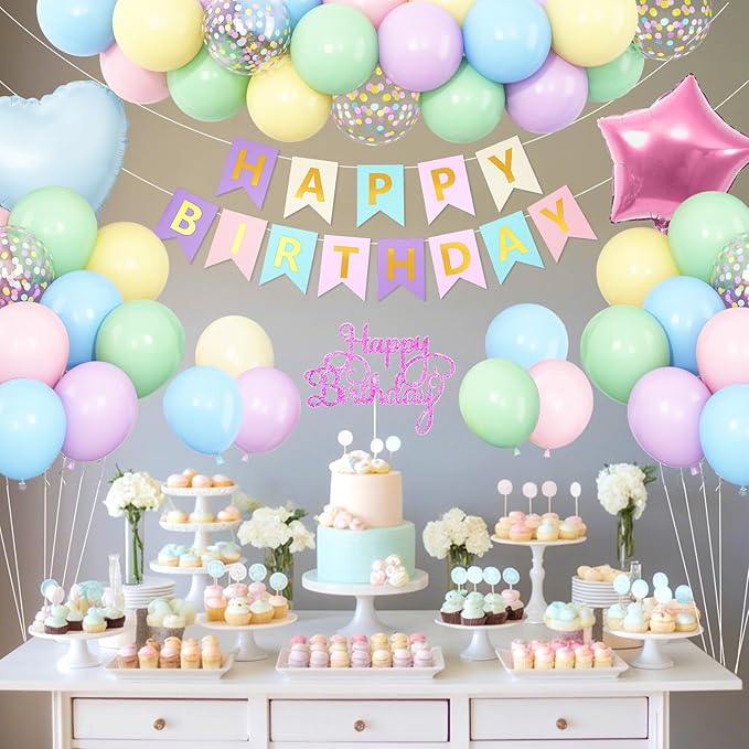 Pastel Rainbow Birthday Decorations,Easter Birthday Balloon Macaron Pink Blue Purple Green Yellow Colorful Confetti Balloons Banner Star Heart Foil Balloon for Baby Shower Easter Party