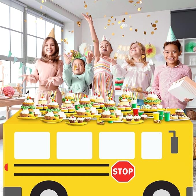 Cumule School Bus Tablecloth First Day of School Party Table Cloth Cover School Bus Theme Party Birthday Decoration Washable Polyester Rectangle Table Cover Decor for Nursery Party Back to School Day