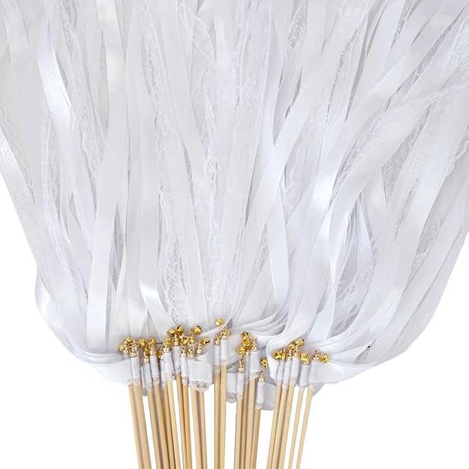 50Pcs Ribbon Sticks Wands Streamers with Bells Silk Lace Fairy Stick Party Ribbon Streamers for Wedding Party, Birthday and Holiday Activities-White