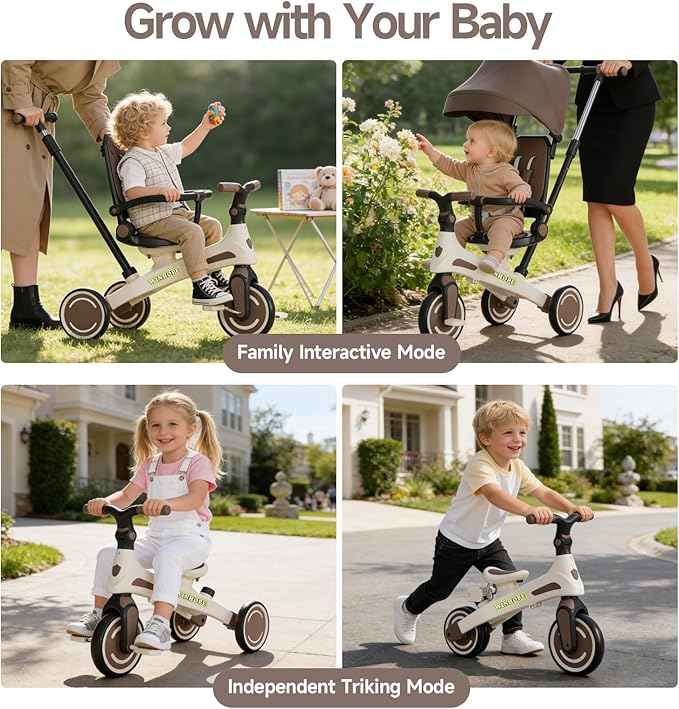 Winhope Kids Tricycle, 6 in 1 Baby's Tricycle Toddler Trike with Adjustable Push Handle, Reversible Seat and Canopy, Baby Stroller for 1-6 Year Olds, Suitable for Outdoor Activities(Coffee)