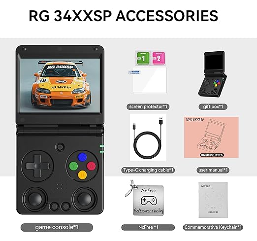Anbernic RG34XXSP Retro Gaming Console – Flip Design, 3.4'' IPS Screen 720×480, 64G TF Card with 5000+ Games, Portable Handheld, 3300mAh Battery, WiFi HDMI Bluetooth (Black 64G)