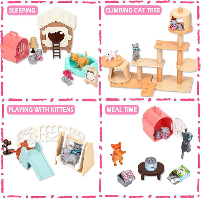 SweetAce 43Pcs Cat Toys for Kids Pretend Play Cat Figures Playset Toddler Toy Interactive Kitten Role Play Set Realistic Cats Care Center for Girls Boys Age 3 4 5 6+ Birthday Gift