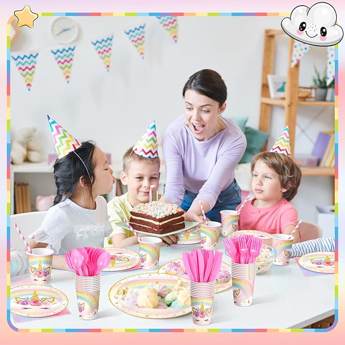 Meanplan 168 Pcs Unicorn Party Tableware Supplies Set Include Rainbow Unicorn Paper Plates Napkins Cups Knives Forks Spoons for Girls Guests Birthday Baby Shower Party Favor Serves 24 Guests