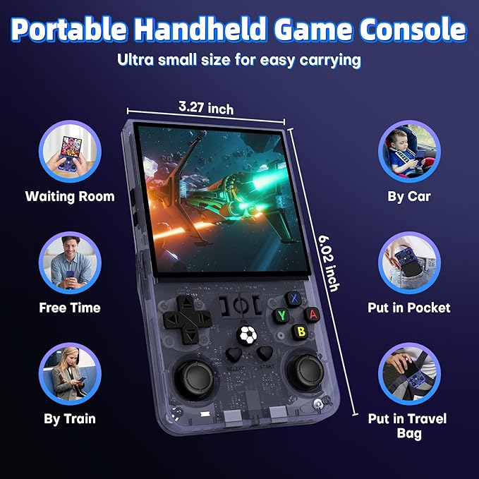 R36MAX Retro Handheld Game Console, 4.0 inch Retro Gaming Console with 64GB Memory, Portable Retro Video Games Console, 4000mAh Battery, Support 30+ Emulators, Transparent Gray