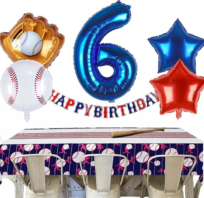 Baseball Balloons 6th Birthday Decorations for Boys | Baseball Birthday Decoration Sports Theme Party Supplies, 32Inch Foil Mylar Number 6 Balloon Navy Blue Red White Sports Balloon Arch Kits