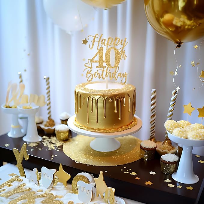 Happy 40th Birthday Cake Topper, 40th Birthday Party Decorations, Cheers to 40 Years, 40th Funny Happy Birthday Party Supplies Gold Glitter