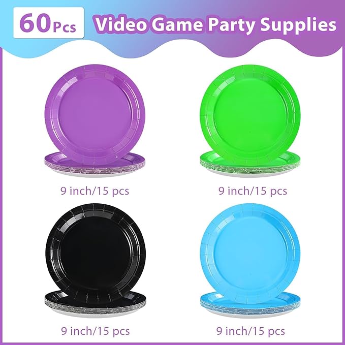 Grencian 60Pcs Video Game Party Paper Plates 9" Green and Purple Party Plates Purple Black Blue Green Dessert Platters for Video Games Theme Kids Gamer Birthday Monsters Theme Party Decorations