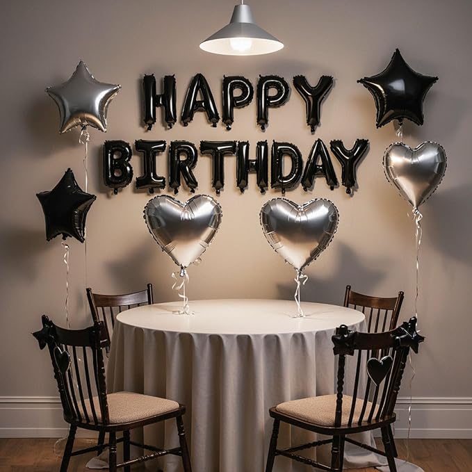 27 Pcs Black Silver Birthday Decorations, 3D Letters Black Happy Birthday Balloon Banner, Pentagram Heart Foil Balloons Confetti Balloons Kit For Boys Girls Party Supplies