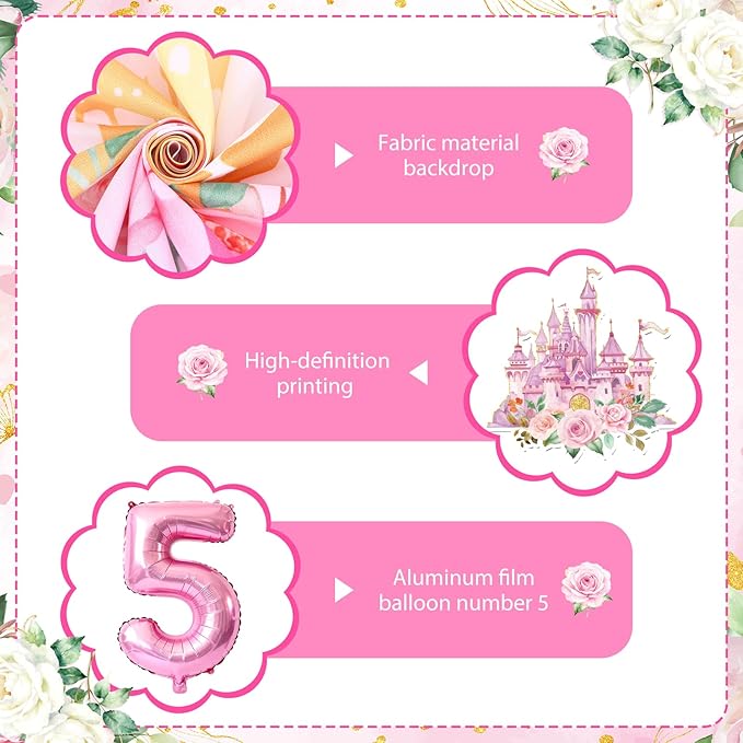 Princess 5th Birthday Party Decorations, Her Royal Fiveness Birthday Banner Pink Princess 5th Backdrop Banner Hanging Swirls Balloons Cake Topper for 5 Years Old Girl Bday Party Supplies