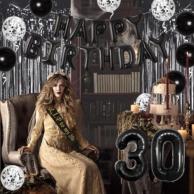 Funmemoir 30th Birthday Decorations for Him Her Black Death to My Twenties Banner Rip to My 20s Sash Number 30 Happy Birthday Balloon Banner Foil Curtain for Funny Thirtieth Party Supplies