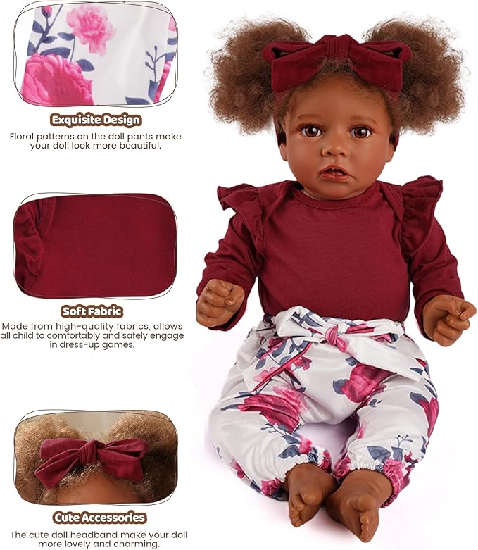 BABESIDE 3 Pcs Reborn Baby Doll Clothes for 17-22 Inch Babydolls, Floral Patterns Lifelike Baby Doll Accessories for Realistic Baby Dolls Girl, Wine Red