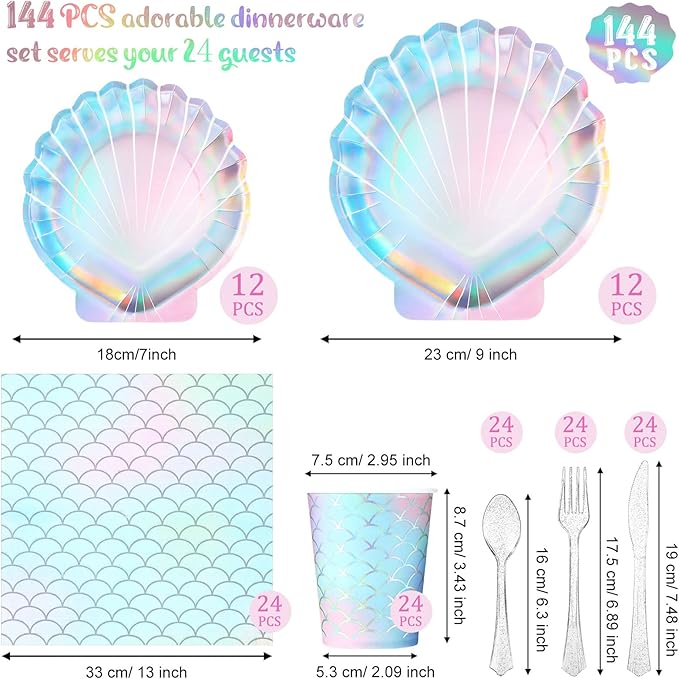 Cunhill 144 Pcs Mermaid Birthday Party Supplies Tableware Includes Mermaids Plates Napkins Cups Spoons Fork Knives for Under The Sea Party Baby Shower Dinnerware Decorations Set