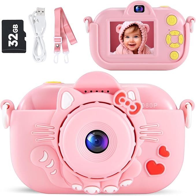 Kids Camera Digital Camera for Age 3-8, 1080P Toddler Camera for Kid with 32GB SD Card, Toddler Girls Toys Age 6-9, Christmas Birthday Gifts for Children, Rose Pink