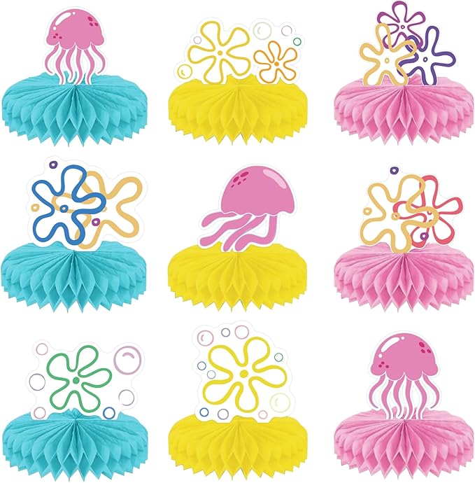 Yellow Cartoon 3D Honeycomb Centerpieces Bikini Flower Jellyfish Table Centerpieces Under the Sea Bubble Table Toppers with 9 Designs for Ocean Theme Birthday Party Baby Shower Wedding Decorations
