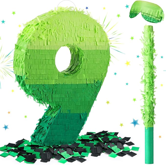 Number Piñata Decorations 16 Inch Gradient Green Piñata with Blindfold Stick and Confetti for Birthday Baby Shower Safari Jungle Themed Party Supplies Centerpiece(Number 9)