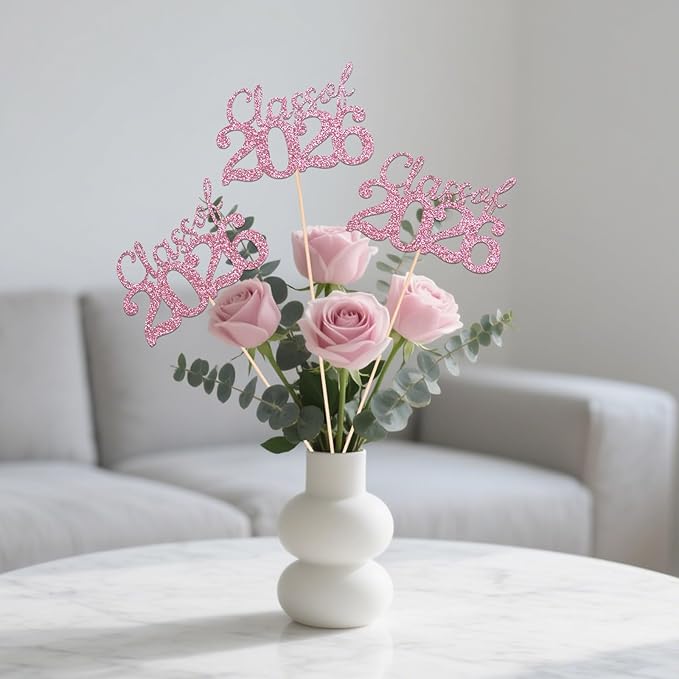 Pink Class of 2026 Double-sided Graduation Table Centerpieces, 12 Pcs Grad Party Decorations with Sticks, Graduation 2026 Party Supplies for Table Decor