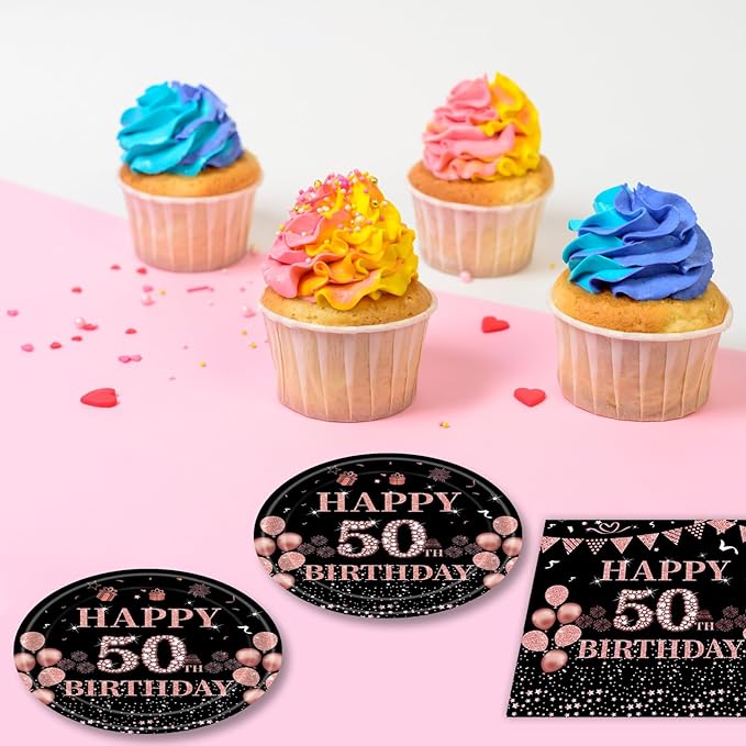 41Pcs 50th Birthday Decorations for Women, Vintage 50 Birthday Black and Rose Gold Disposable Paper Plates and Napkins Party Supplies for 20 Guests, 41Pcs Include 7" Plates Napkins and Tablecloth