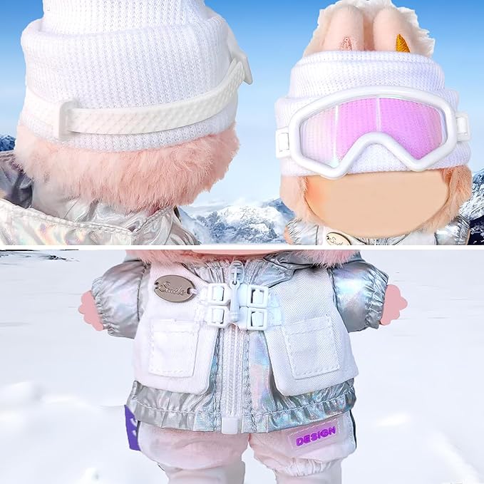 17cm Doll Clothes and Accessories Set for Lububu- Winter Snow Themed Ski Outfits with Mini Hat, Jacket, Pants, Poles, Goggles & Skis, Designer Clothing for Doll Dress-Up and Display(White)