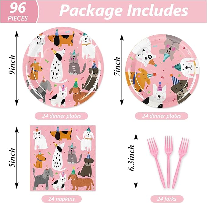 JarThenaAMCS 96Pcs Dog Birthday Party Supplies Disposable Dog Themed Tableware Include 24 Dinner Plates 24 Dessert Plates 24 Paper Napkins 24 Forks Pink Cartoon Dog Birthday Party Decor for 24 Guests