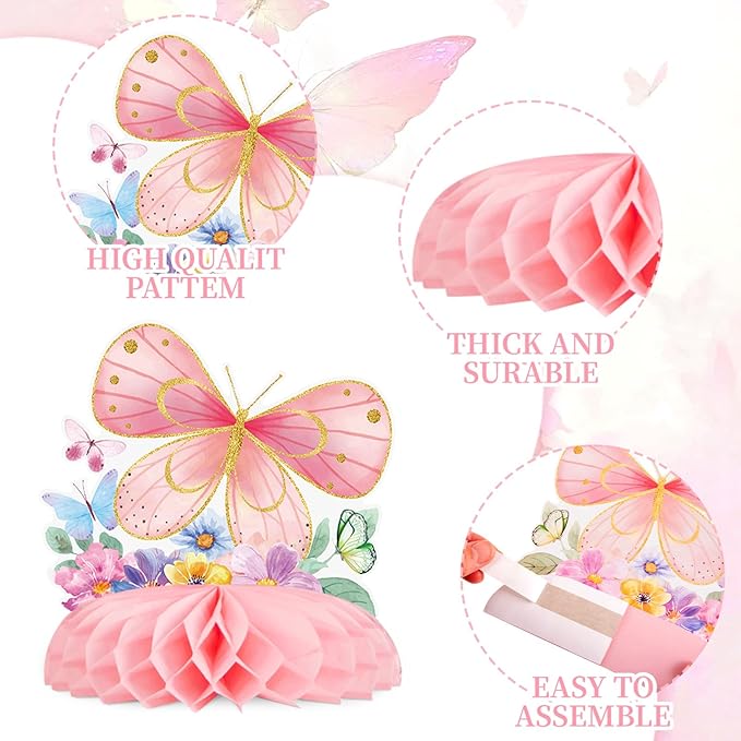 SUNBEAUTY 9 PCS Butterfly Centerpieces for Tables Butterfly Birthday Party Decorations Spring Wildflower Honeycomb Table Centerpiece for Girl Birthday Garden Baby Shower Decorations