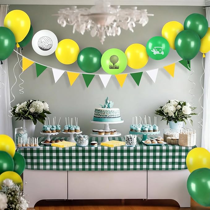 Leyndo 119 Pcs Golf Theme Party Decorations Include Yellow White Green Balloons Checkered Tablecloths Disposable Napkins Pennant Banner with Tool for Golf Summer Birthday Wedding Party Supplies