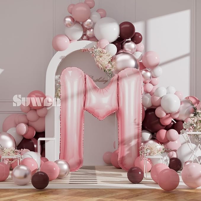 SUWEN 40 Inch Pink Large M Letter Balloons Big Foil Helium Letter Balloons A-Z Jumbo Mylar Happy Birthday Party Decorations for Girl Anniversary Party Supplies